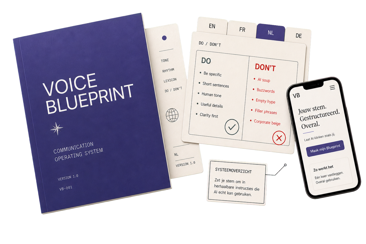 Voice Blueprint voorbeeld in het Nederlands met manual, taaltabs, do en don't kaart en telefoonmockup